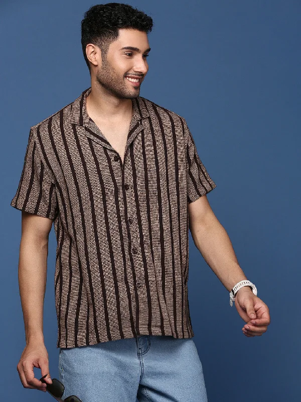 Men's Two - Tone Contrast Panel Casual Shirts in White and Navy for a Stylish and Eye - Catching DesignMen Cuban Collar Striped Brown Relaxed Fit Shirt Men's Two - Tone Contrast Panel Casual Shirts in White and Navy for a Stylish and Eye - Catching DesignMen Cuban Collar Striped Brown Relaxed Fit Shirt