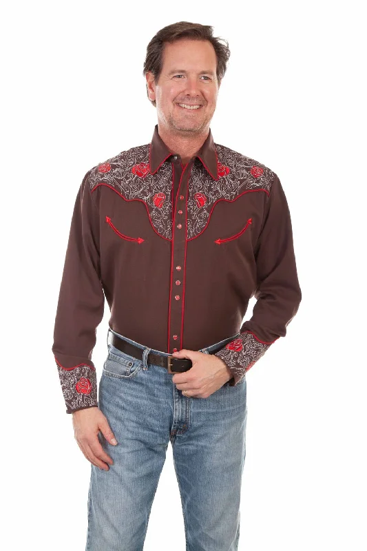 Men's Shearling - Lined Collar Casual Shirts in Brown for a Rustic and Warm AppealScully Mens Mesmerising Red Roses Chocolate Poly/Rayon L/S Shirt Men's Shearling - Lined Collar Casual Shirts in Brown for a Rustic and Warm AppealScully Mens Mesmerising Red Roses Chocolate Poly/Rayon L/S Shirt