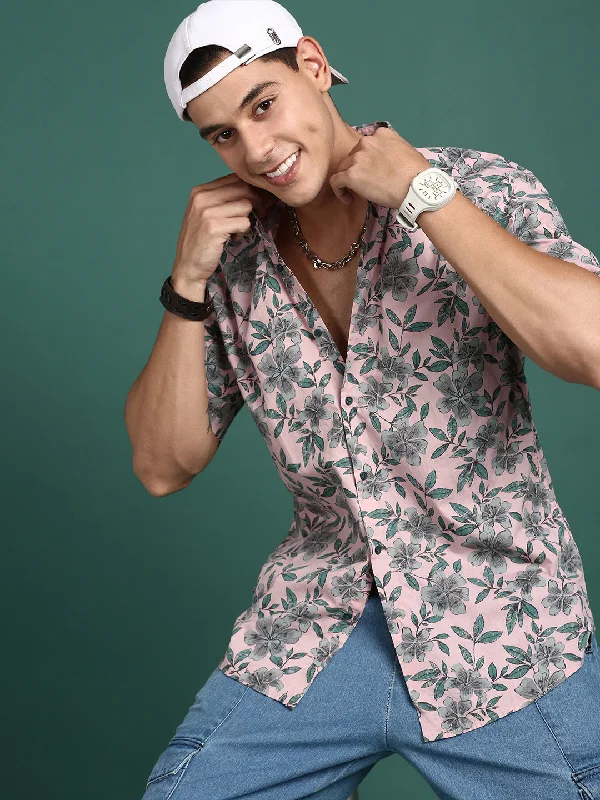 Plus Size Men's Striped Chambray Casual Shirts with a Spread Collar for a Preppy AppearanceMen Floral Pink Slim Fit Shirt Plus Size Men's Striped Chambray Casual Shirts with a Spread Collar for a Preppy AppearanceMen Floral Pink Slim Fit Shirt
