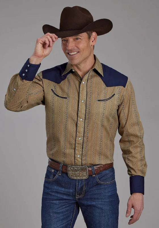 Plus Size Men's Striped Chambray Casual Shirts with a Spread Collar for a Preppy AppearanceRoper Mens 2233 Wallpaper Tan/Navy Cotton Blend Retro L/S Shirt Plus Size Men's Striped Chambray Casual Shirts with a Spread Collar for a Preppy AppearanceRoper Mens 2233 Wallpaper Tan/Navy Cotton Blend Retro L/S Shirt