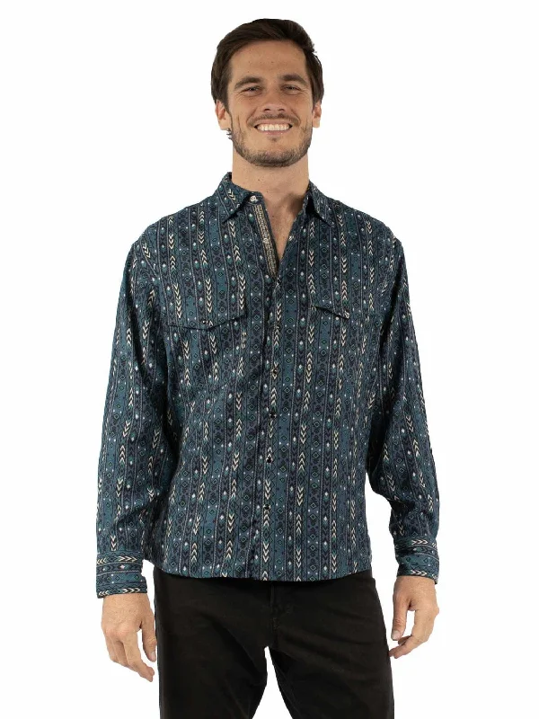 Plus Size Men's Striped Chambray Casual Shirts with a Spread Collar for a Preppy AppearanceScully Mens Weaved Aztec Stripe Blue 100% Cotton L/S Shirt Plus Size Men's Striped Chambray Casual Shirts with a Spread Collar for a Preppy AppearanceScully Mens Weaved Aztec Stripe Blue 100% Cotton L/S Shirt