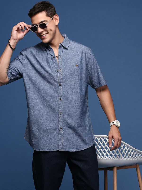 Men's Retro - Style Hawaiian Print Casual Shirts in Bold Patterns for a Tropical VacationMen Solid Blue Slim Fit Shirt Men's Retro - Style Hawaiian Print Casual Shirts in Bold Patterns for a Tropical VacationMen Solid Blue Slim Fit Shirt