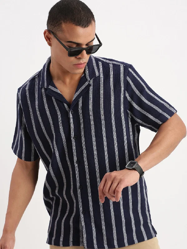 Men's Embroidered Detail Casual Shirts in Beige for a Touch of EleganceMen Cuban Collar Vertical Stripes Navy Blue Shirt Men's Embroidered Detail Casual Shirts in Beige for a Touch of EleganceMen Cuban Collar Vertical Stripes Navy Blue Shirt