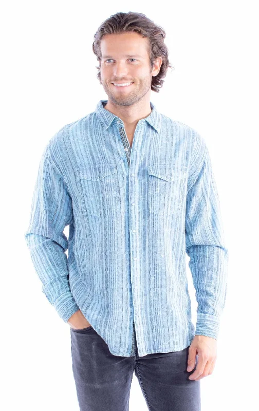 Men's Linen Blend Casual Shirts with Roll - Up Sleeves for a Summer Beach LookScully Mens Overdyed Jacquard Blue 100% Cotton L/S Shirt Men's Linen Blend Casual Shirts with Roll - Up Sleeves for a Summer Beach LookScully Mens Overdyed Jacquard Blue 100% Cotton L/S Shirt