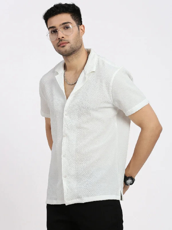 Plus Size Men's Striped Chambray Casual Shirts with a Spread Collar for a Preppy AppearanceMen Off White Cuban Collar Solid Shirt Plus Size Men's Striped Chambray Casual Shirts with a Spread Collar for a Preppy AppearanceMen Off White Cuban Collar Solid Shirt