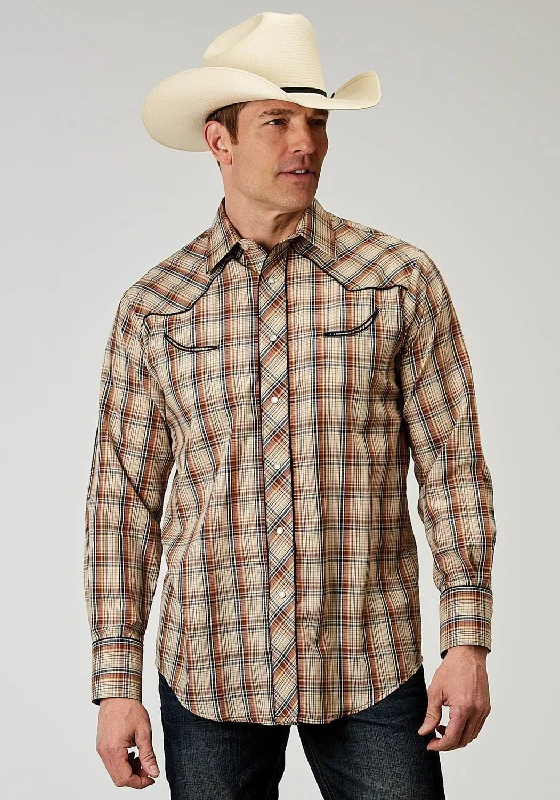 Plus Size Men's Plaid Flannel Casual Shirts in Earth Tones for a Cozy Fall OutfitRoper Mens Retro Piped Brown Cotton Blend L/S Shirt Plus Size Men's Plaid Flannel Casual Shirts in Earth Tones for a Cozy Fall OutfitRoper Mens Retro Piped Brown Cotton Blend L/S Shirt