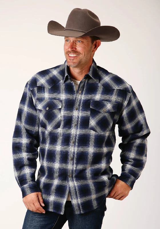 Plus Size Men's Plaid Flannel Casual Shirts in Earth Tones for a Cozy Fall OutfitRoper Mens Snap Lined Blue 100% Cotton L/S Shirt