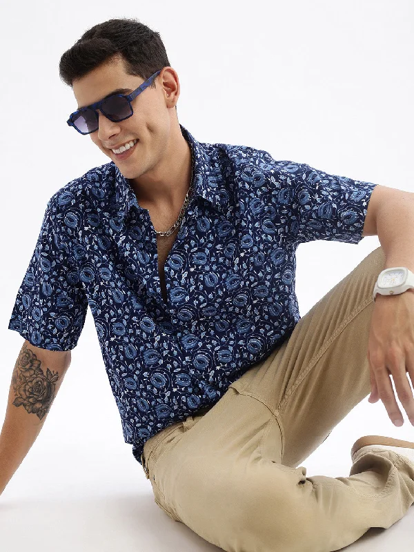 Men's Button - Down Oxford Casual Shirts in Crisp White for a Classic and Versatile StyleMen Spread Collar Floral Slim Fit Navy Blue Shirt Men's Button - Down Oxford Casual Shirts in Crisp White for a Classic and Versatile StyleMen Spread Collar Floral Slim Fit Navy Blue Shirt