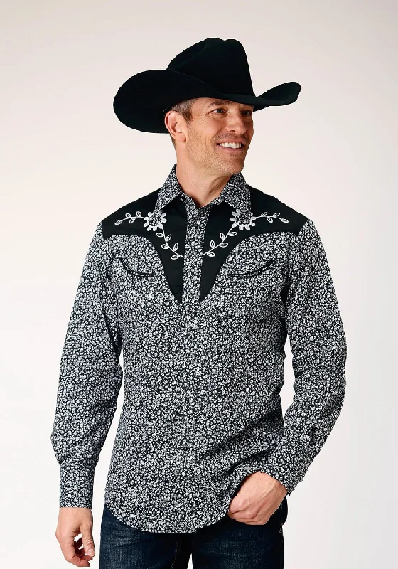 Men's Two - Tone Contrast Panel Casual Shirts in White and Navy for a Stylish and Eye - Catching DesignRoper Mens Floral Yokes Black Cotton Blend L/S Shirt Men's Two - Tone Contrast Panel Casual Shirts in White and Navy for a Stylish and Eye - Catching DesignRoper Mens Floral Yokes Black Cotton Blend L/S Shirt