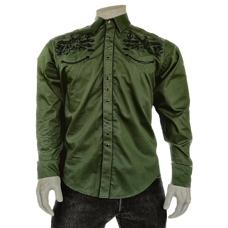 Men's Shearling - Lined Collar Casual Shirts in Brown for a Rustic and Warm AppealRockmount Mens Vintage Rider Green 100% Cotton L/S Shirt