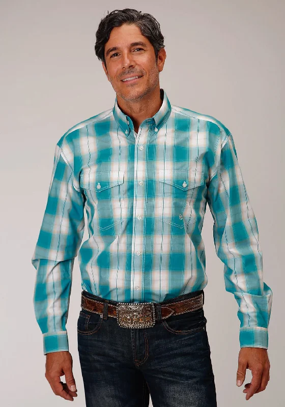 Men's Retro - Style Hawaiian Print Casual Shirts in Bold Patterns for a Tropical VacationRoper Mens Turquoise 100% Cotton Sand Ombre BD L/S Button Shirt