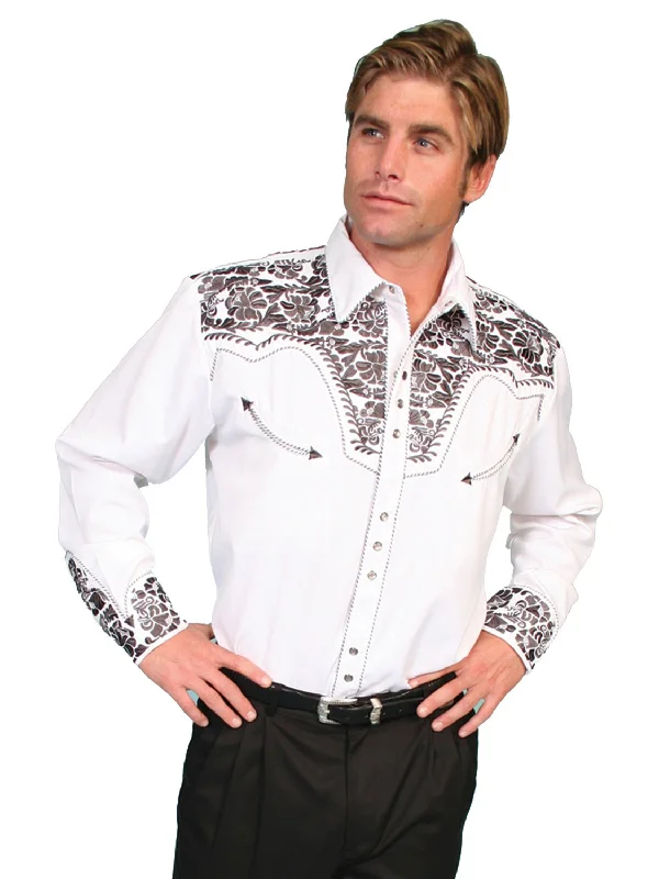 Men's Button - Down Oxford Casual Shirts in Crisp White for a Classic and Versatile StyleScully Mens Pewter Poly/Rayon Tooled Floral L/S Shirt Men's Button - Down Oxford Casual Shirts in Crisp White for a Classic and Versatile StyleScully Mens Pewter Poly/Rayon Tooled Floral L/S Shirt