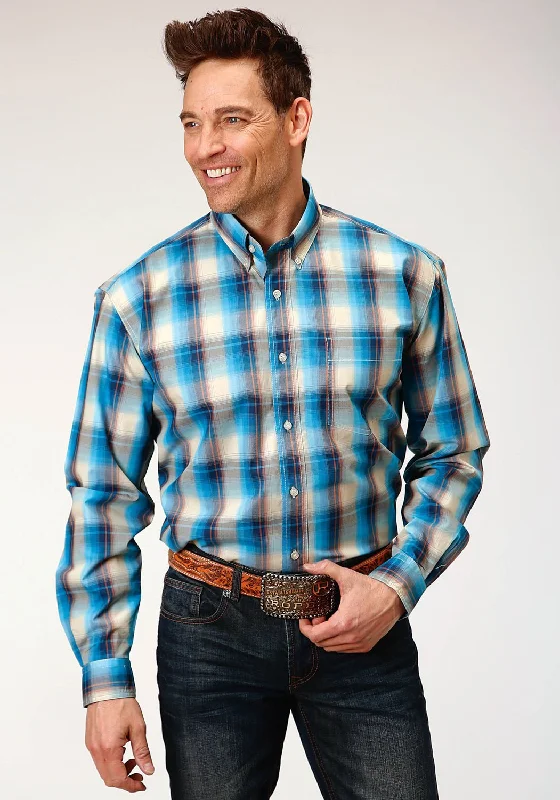 Men's Wrinkle - Resistant Polyester Blend Casual Shirts for Easy Travel and MaintenanceRoper Mens Sunset Plaid Blue 100% Cotton L/S Shirt Men's Wrinkle - Resistant Polyester Blend Casual Shirts for Easy Travel and MaintenanceRoper Mens Sunset Plaid Blue 100% Cotton L/S Shirt