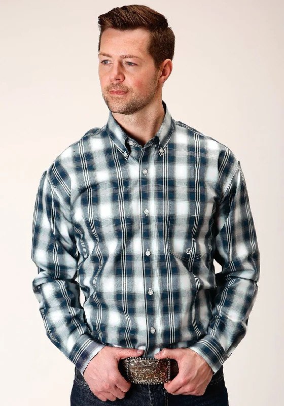 Men's Linen Blend Casual Shirts with Roll - Up Sleeves for a Summer Beach LookRoper Mens Blue 100% Cotton West Plaid BD L/S 1 Pkt Shirt Men's Linen Blend Casual Shirts with Roll - Up Sleeves for a Summer Beach LookRoper Mens Blue 100% Cotton West Plaid BD L/S 1 Pkt Shirt