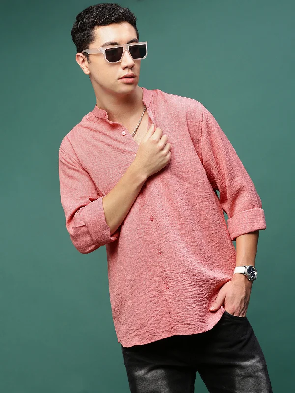 Men's Wrinkle - Resistant Polyester Blend Casual Shirts for Easy Travel and MaintenanceMen Peach Solid Slim Fit Shirt Men's Wrinkle - Resistant Polyester Blend Casual Shirts for Easy Travel and MaintenanceMen Peach Solid Slim Fit Shirt