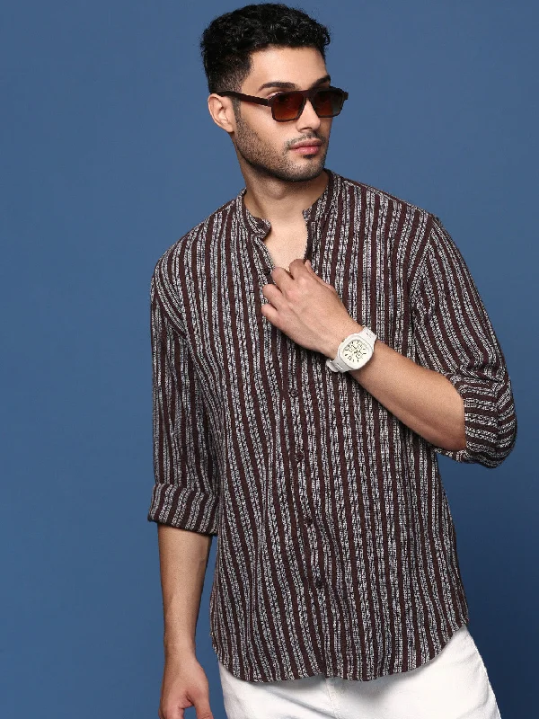 Men's Button - Down Oxford Casual Shirts in Crisp White for a Classic and Versatile StyleMen Mandarin Collar Striped Brown Slim Fit Shirt Men's Button - Down Oxford Casual Shirts in Crisp White for a Classic and Versatile StyleMen Mandarin Collar Striped Brown Slim Fit Shirt