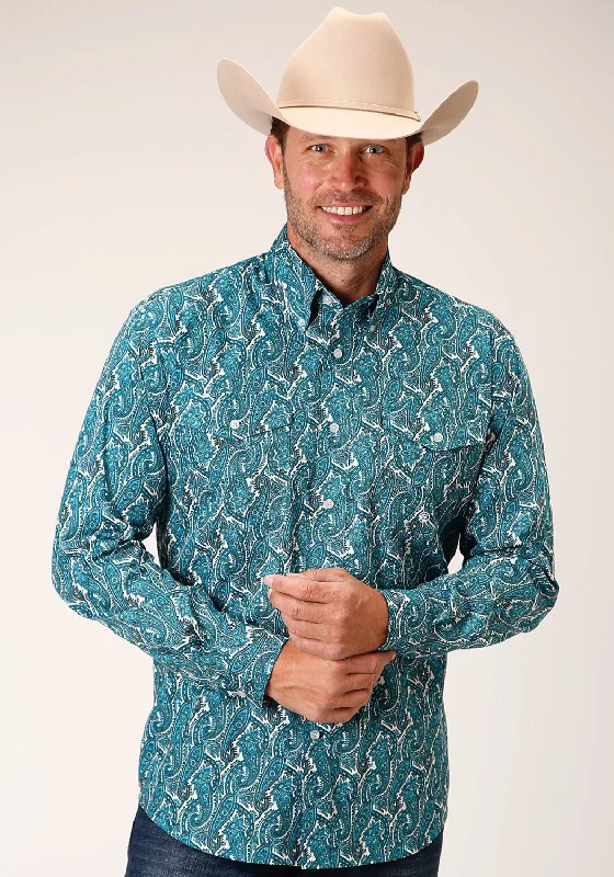 Men's Two - Tone Contrast Panel Casual Shirts in White and Navy for a Stylish and Eye - Catching DesignRoper Mens Turquoise 100% Cotton Upstream Paisley BD L/S Btn Shirt Men's Two - Tone Contrast Panel Casual Shirts in White and Navy for a Stylish and Eye - Catching DesignRoper Mens Turquoise 100% Cotton Upstream Paisley BD L/S Btn Shirt