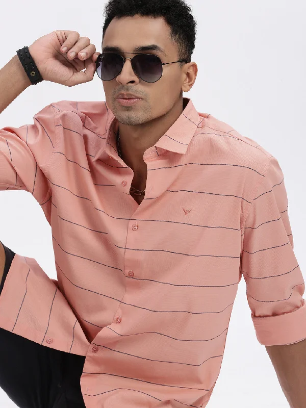 Men's Slim - Fit Printed Floral Casual Shirts in Pastel Colors for a Spring - Inspired VibeMen Peach Striped Slim Fit Shirt Men's Slim - Fit Printed Floral Casual Shirts in Pastel Colors for a Spring - Inspired VibeMen Peach Striped Slim Fit Shirt