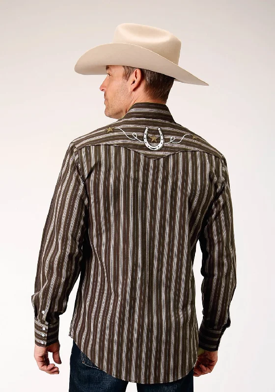 Men's Moisture - Wicking Performance Fabric Casual Shirts for Outdoor ActivitiesRoper Mens Horseshoe Stripe Brown Cotton Blend L/S Shirt Men's Moisture - Wicking Performance Fabric Casual Shirts for Outdoor ActivitiesRoper Mens Horseshoe Stripe Brown Cotton Blend L/S Shirt