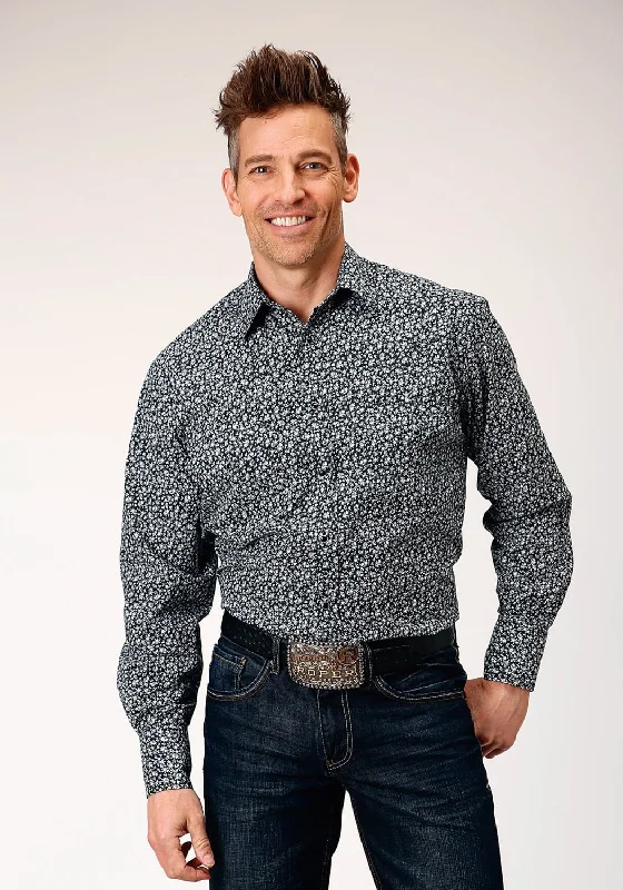 Men's Two - Tone Contrast Panel Casual Shirts in White and Navy for a Stylish and Eye - Catching DesignRoper Mens Floral Print Black/White Cotton Blend L/S Shirt Men's Two - Tone Contrast Panel Casual Shirts in White and Navy for a Stylish and Eye - Catching DesignRoper Mens Floral Print Black/White Cotton Blend L/S Shirt