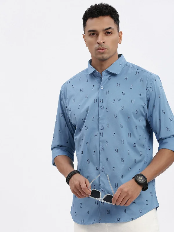 Men's Sustainable Recycled Material Casual Shirts for Eco - Conscious ConsumersMen Blue Graphic Slim Fit Shirt Men's Sustainable Recycled Material Casual Shirts for Eco - Conscious ConsumersMen Blue Graphic Slim Fit Shirt