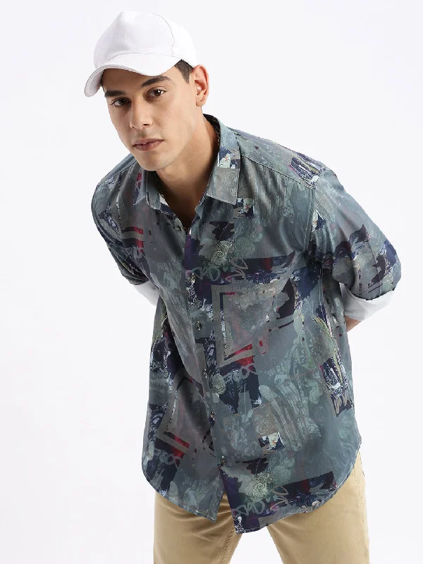 Men's Long - Line Oversized Casual Shirts in Dark Gray for a Relaxed and Modern LookMen Spread Collar Abstract Slim Fit Multi Shirt Men's Long - Line Oversized Casual Shirts in Dark Gray for a Relaxed and Modern LookMen Spread Collar Abstract Slim Fit Multi Shirt