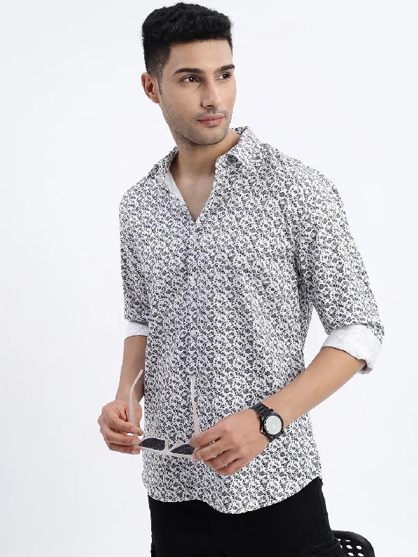 Men's Organic Cotton Casual Shirts with a Soft Handfeel for Everyday ComfortMen White Micro Print Slim Fit Shirt