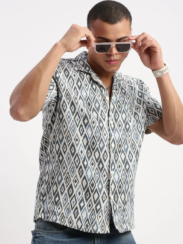 Men's Two - Tone Contrast Panel Casual Shirts in White and Navy for a Stylish and Eye - Catching DesignMen Cuban Collar Geometric Teal Shirt Men's Two - Tone Contrast Panel Casual Shirts in White and Navy for a Stylish and Eye - Catching DesignMen Cuban Collar Geometric Teal Shirt