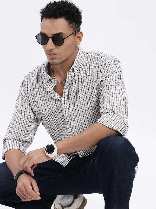 Men's Moisture - Wicking Performance Fabric Casual Shirts for Outdoor ActivitiesMen White Checked Slim Fit Shirt Men's Moisture - Wicking Performance Fabric Casual Shirts for Outdoor ActivitiesMen White Checked Slim Fit Shirt