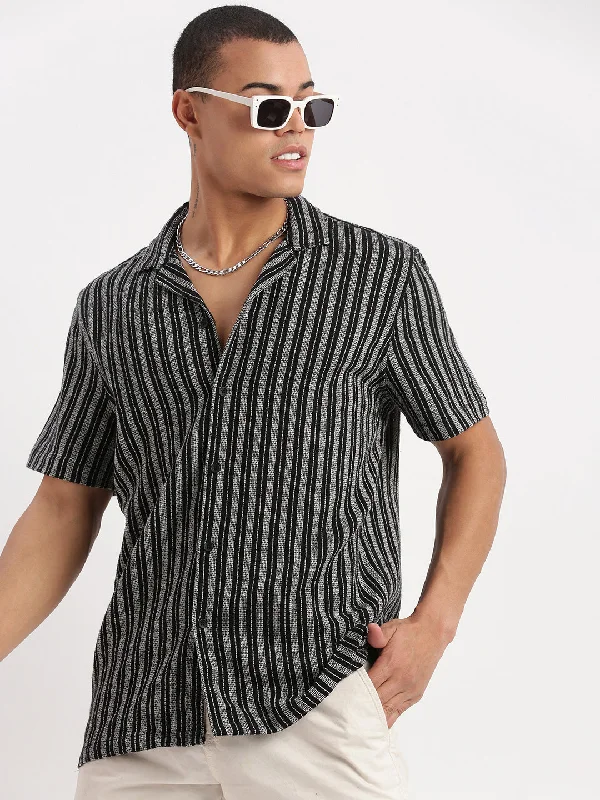 Plus Size Men's Plaid Flannel Casual Shirts in Earth Tones for a Cozy Fall OutfitMen Cuban Collar Vertical Stripes Black Shirt Plus Size Men's Plaid Flannel Casual Shirts in Earth Tones for a Cozy Fall OutfitMen Cuban Collar Vertical Stripes Black Shirt