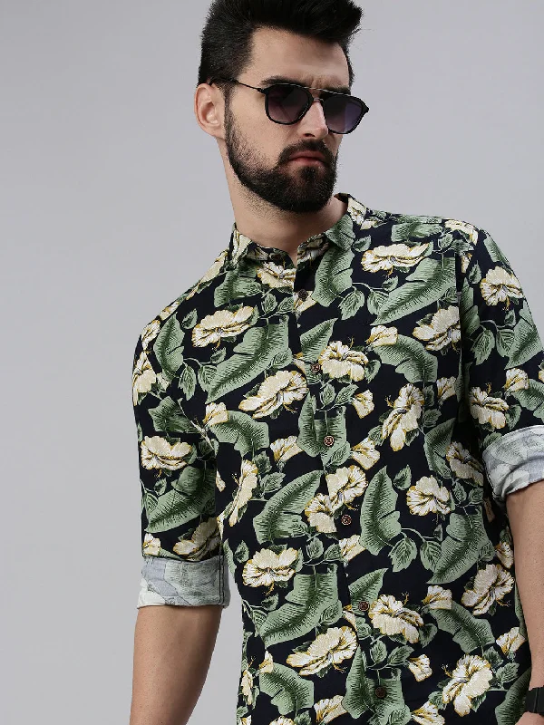 Men's Embroidered Detail Casual Shirts in Beige for a Touch of EleganceMen Spread Collar Printed Navy Blue Shirt Men's Embroidered Detail Casual Shirts in Beige for a Touch of EleganceMen Spread Collar Printed Navy Blue Shirt