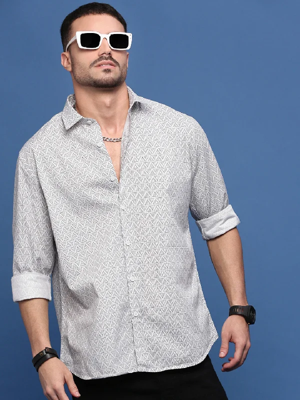 Men's Sustainable Recycled Material Casual Shirts for Eco - Conscious ConsumersMen White Geometric Slim Fit Shirt Men's Sustainable Recycled Material Casual Shirts for Eco - Conscious ConsumersMen White Geometric Slim Fit Shirt