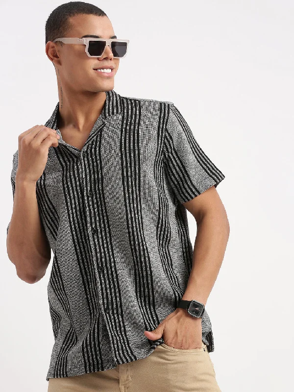 Men's Button - Down Oxford Casual Shirts in Crisp White for a Classic and Versatile StyleMen Cuban Collar Vertical Stripes Grey Shirt Men's Button - Down Oxford Casual Shirts in Crisp White for a Classic and Versatile StyleMen Cuban Collar Vertical Stripes Grey Shirt