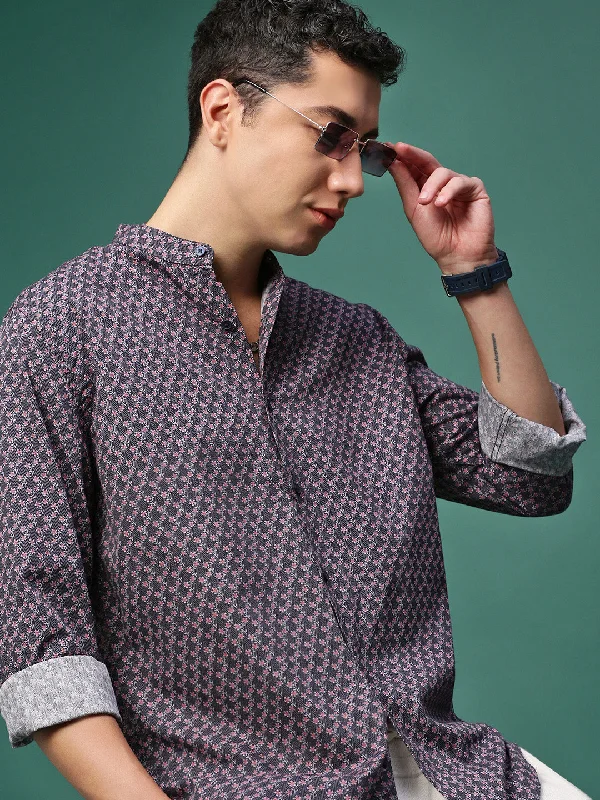 Men's Sustainable Recycled Material Casual Shirts for Eco - Conscious ConsumersMen Grey Graphic Slim Fit Shirt Men's Sustainable Recycled Material Casual Shirts for Eco - Conscious ConsumersMen Grey Graphic Slim Fit Shirt
