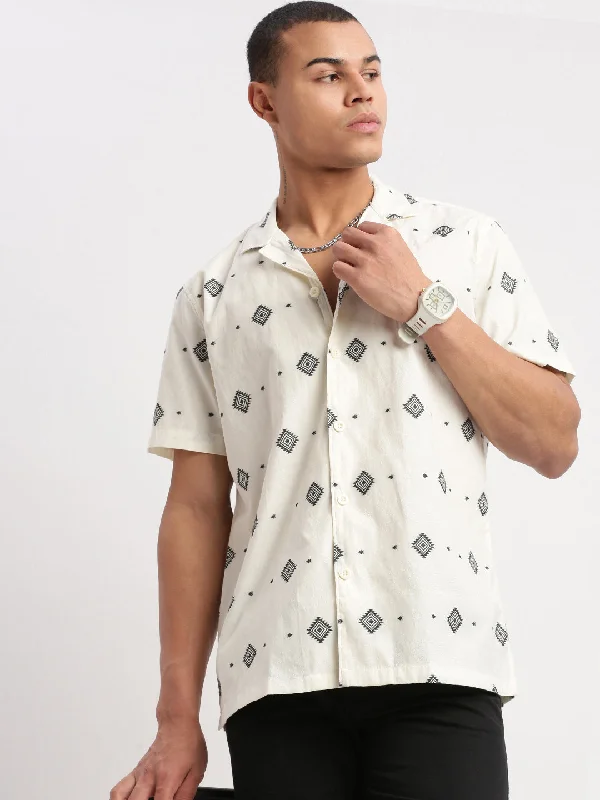Men's Embroidered Detail Casual Shirts in Beige for a Touch of EleganceMen Cuban Collar Geometric Cream Shirt Men's Embroidered Detail Casual Shirts in Beige for a Touch of EleganceMen Cuban Collar Geometric Cream Shirt