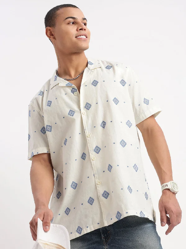 Men's Short - Sleeve Linen Casual Shirts in Light Khaki for a Breathable Summer OptionMen Cuban Collar Geometric Cream Shirt Men's Short - Sleeve Linen Casual Shirts in Light Khaki for a Breathable Summer OptionMen Cuban Collar Geometric Cream Shirt