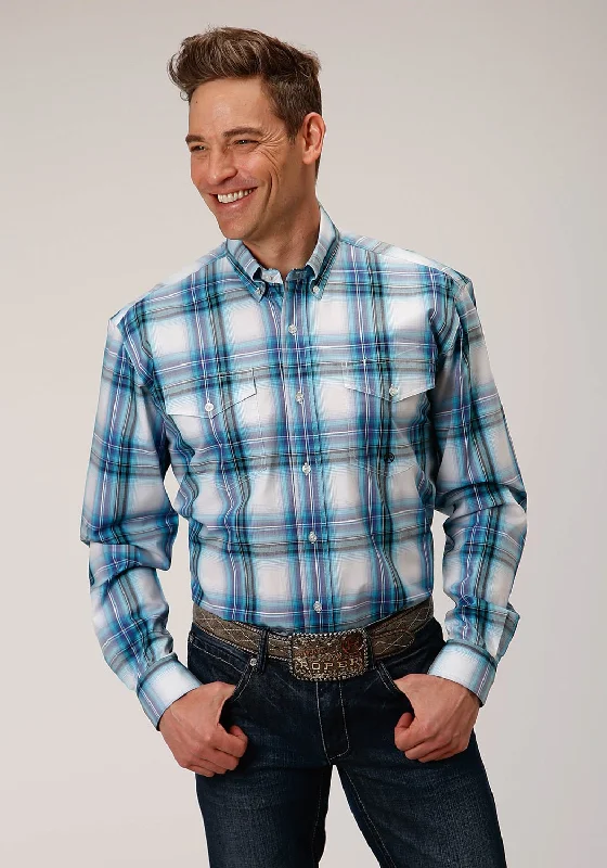 Men's Long - Line Oversized Casual Shirts in Dark Gray for a Relaxed and Modern LookRoper Mens Teal 100% Cotton Clear Sky Plaid BD L/S Btn Shirt