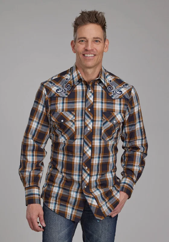 Men's Distressed Denim Casual Shirts with Frayed Edges for a Trendy and Rugged LookRoper Mens Scroll Embroidery Caramel/Teal Cotton Blend L/S Shirt Men's Distressed Denim Casual Shirts with Frayed Edges for a Trendy and Rugged LookRoper Mens Scroll Embroidery Caramel/Teal Cotton Blend L/S Shirt
