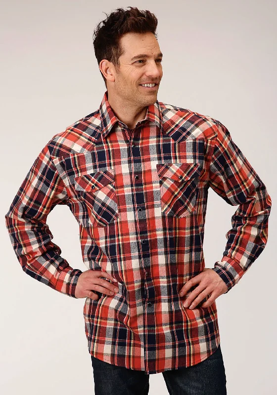Men's Stretch - Fabric Casual Shirts in Navy Blue for a Comfortable and Flexible FitRoper Mens Orange/Navy 100% Cotton Unlined Flannel Plaid L/S Shirt Men's Stretch - Fabric Casual Shirts in Navy Blue for a Comfortable and Flexible FitRoper Mens Orange/Navy 100% Cotton Unlined Flannel Plaid L/S Shirt