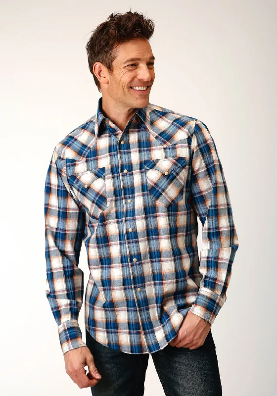 Men's Linen Blend Casual Shirts with Roll - Up Sleeves for a Summer Beach LookRoper Mens Denim Plaid Blue 100% Cotton L/S Shirt