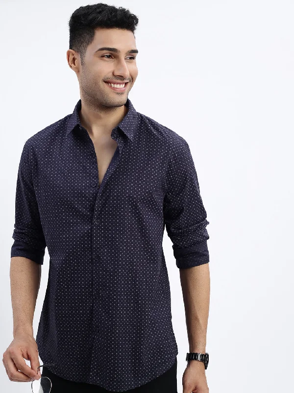 Men's Graphic - Printed Casual Shirts with Pop - Culture References for a Fun and Stylish LookMen Navy Blue Micro Print Slim Fit Shirt Men's Graphic - Printed Casual Shirts with Pop - Culture References for a Fun and Stylish LookMen Navy Blue Micro Print Slim Fit Shirt