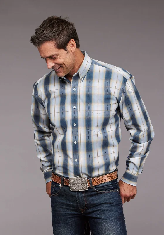 Men's Stretch - Fabric Casual Shirts in Navy Blue for a Comfortable and Flexible FitStetson Mens Denim Dobby Plaid Blue 100% Cotton 1 Pkt L/S Shirt Men's Stretch - Fabric Casual Shirts in Navy Blue for a Comfortable and Flexible FitStetson Mens Denim Dobby Plaid Blue 100% Cotton 1 Pkt L/S Shirt