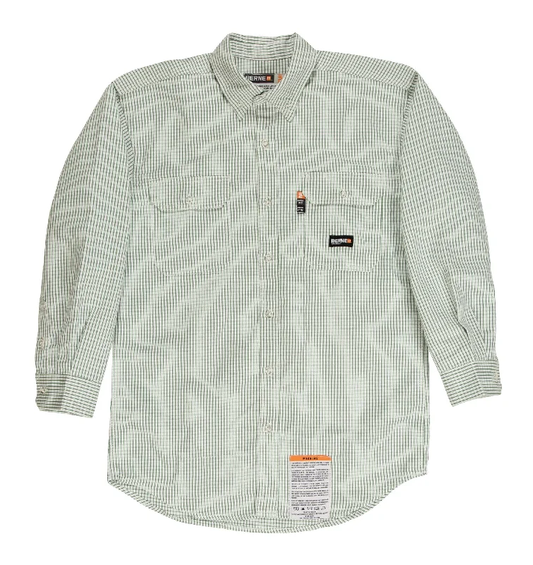 Men's Wrinkle - Resistant Polyester Blend Casual Shirts for Easy Travel and MaintenanceBerne Mens Green 100% Cotton FR Button Down Workshirt L/S Men's Wrinkle - Resistant Polyester Blend Casual Shirts for Easy Travel and MaintenanceBerne Mens Green 100% Cotton FR Button Down Workshirt L/S