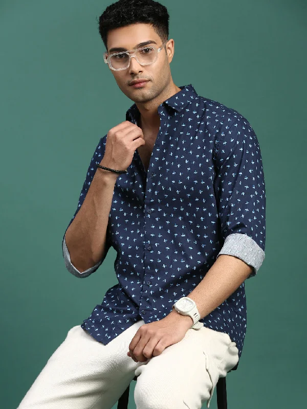 Men's Moisture - Wicking Performance Fabric Casual Shirts for Outdoor ActivitiesMen Abstract Navy Blue Slim Fit Shirt Men's Moisture - Wicking Performance Fabric Casual Shirts for Outdoor ActivitiesMen Abstract Navy Blue Slim Fit Shirt