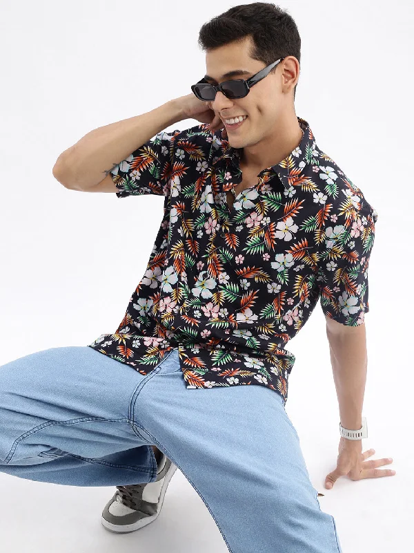 Men's Two - Tone Contrast Panel Casual Shirts in White and Navy for a Stylish and Eye - Catching DesignMen Spread Collar Floral Slim Fit Black Shirt Men's Two - Tone Contrast Panel Casual Shirts in White and Navy for a Stylish and Eye - Catching DesignMen Spread Collar Floral Slim Fit Black Shirt