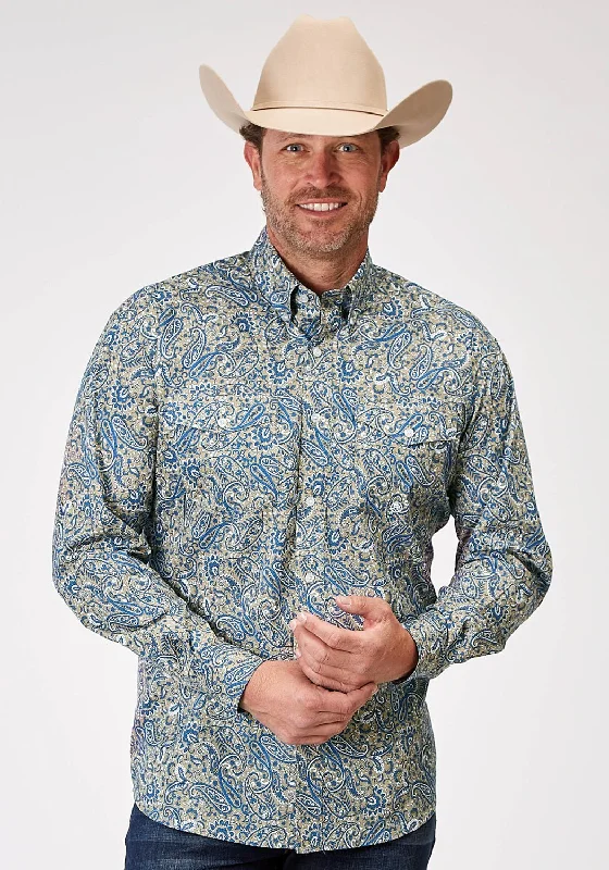 Men's Retro - Style Hawaiian Print Casual Shirts in Bold Patterns for a Tropical VacationRoper Mens 1933 Delft Paisley Blue 100% Cotton Btn L/S Shirt