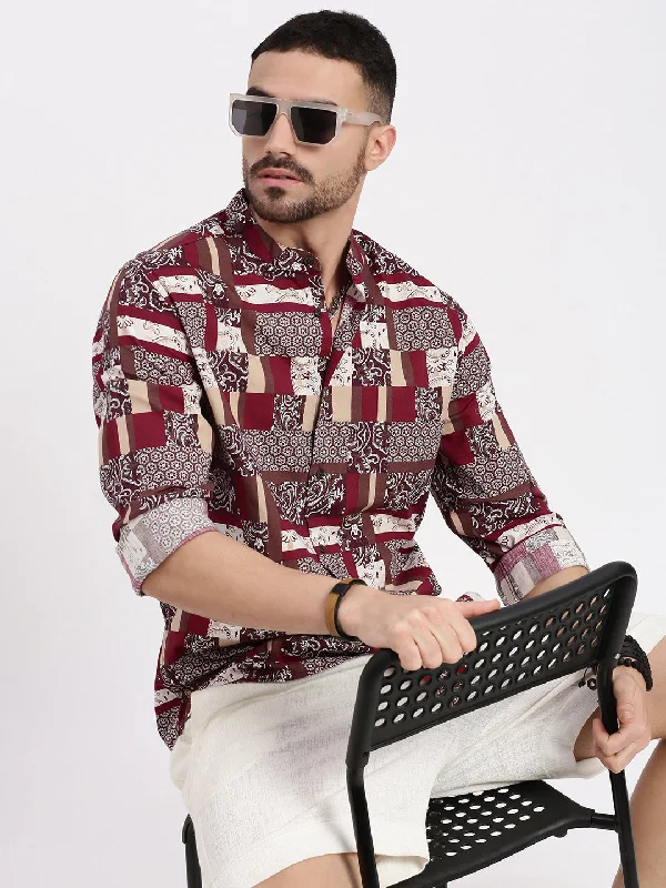 Men's Two - Tone Contrast Panel Casual Shirts in White and Navy for a Stylish and Eye - Catching DesignMen Maroon Printed Slim Fit Shirt Men's Two - Tone Contrast Panel Casual Shirts in White and Navy for a Stylish and Eye - Catching DesignMen Maroon Printed Slim Fit Shirt