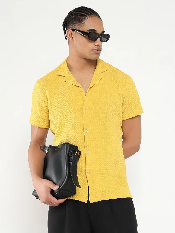 Men's Wrinkle - Resistant Polyester Blend Casual Shirts for Easy Travel and MaintenanceMen Yellow Cuban Collar Solid Shirt Men's Wrinkle - Resistant Polyester Blend Casual Shirts for Easy Travel and MaintenanceMen Yellow Cuban Collar Solid Shirt