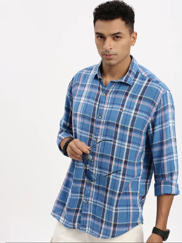 Men's Linen Blend Casual Shirts with Roll - Up Sleeves for a Summer Beach LookMen Blue Checked Slim Fit Shirt Men's Linen Blend Casual Shirts with Roll - Up Sleeves for a Summer Beach LookMen Blue Checked Slim Fit Shirt