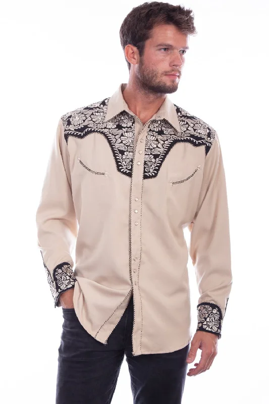 Plus Size Men's Striped Chambray Casual Shirts with a Spread Collar for a Preppy AppearanceScully Mens Tan Polyester Floral Tooled L/S Shirt Plus Size Men's Striped Chambray Casual Shirts with a Spread Collar for a Preppy AppearanceScully Mens Tan Polyester Floral Tooled L/S Shirt